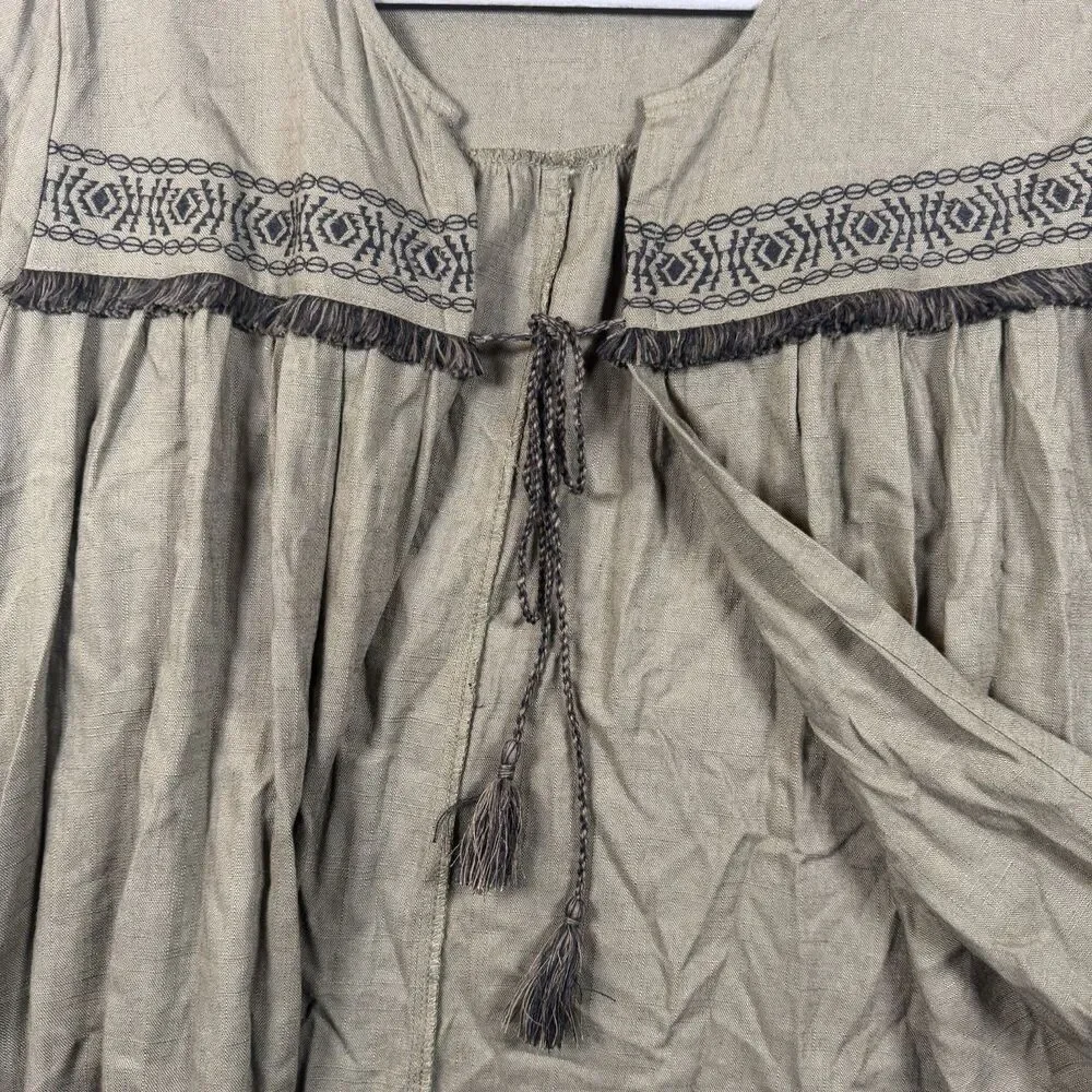 Boho Olive Green Embroidered Tassel Tie Blouse Peasant Top Fringe Festival